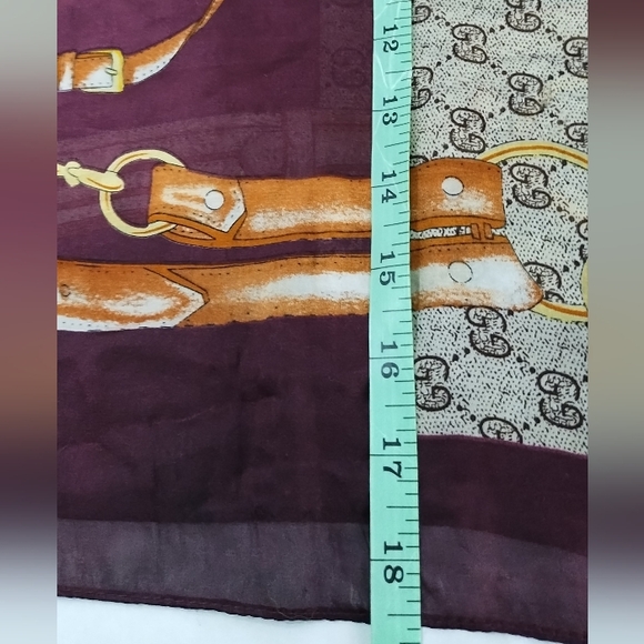 Gucci Silk Luggage Leather Strap & GG Logo Large Wrap Scarf Gray Burgund… - Picture 3 of 14